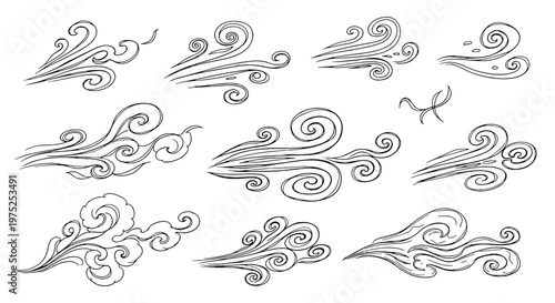 Collection of handdrawn swirling clouds and wind patterns