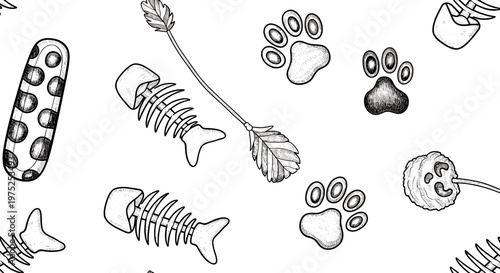 Collection of various dog paw prints and bones