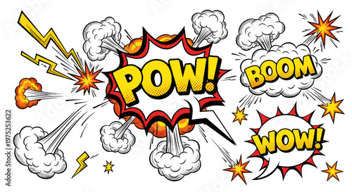 Comic explosion with sound effects and dynamic action illustrations