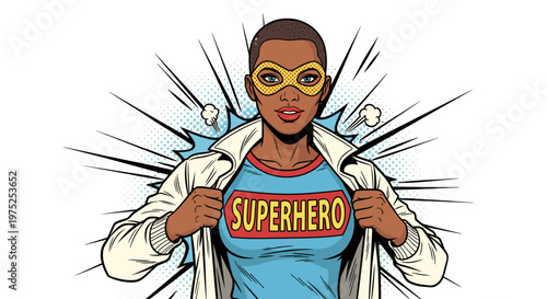 Superhero woman opening her jacket to reveal superhero costume