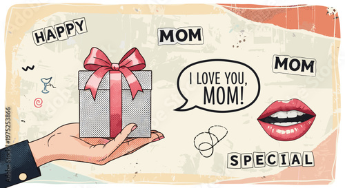 Cute illustration of a hand holding a gift box with a pink bow for mom