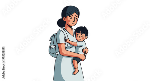 Mother holding her young child while standing with backpack outdoors