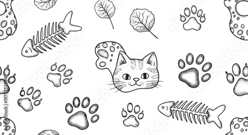 Cute cat paw prints and fish bones pattern