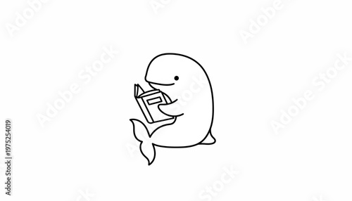 Cute Whale Reading Book, Adorable Beluga Character, Whimsical Illustration