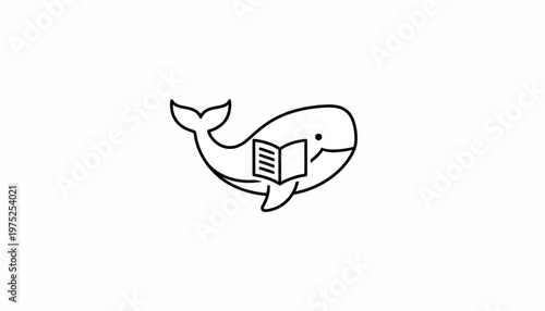 Cute Whale Reading a Book, Whimsical Illustration, Educational Concept, Simple Line Art