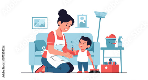 Mother and child playing with toys in living room interior scene