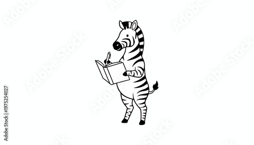 Cute Zebra Character Writing in a Book, Educational Concept