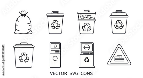 Recycling Bin Icons and Trash Bag Vector Set - Clean Line Art