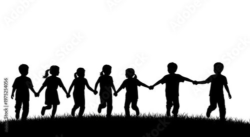 Silhouette children holding hands running on grass, innocence, childhood, joy, friendship