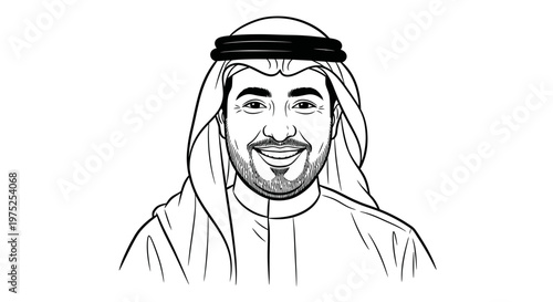 Smiling Emirati Man Portrait, Traditional Kandura and Ghutra, Line Art Illustration