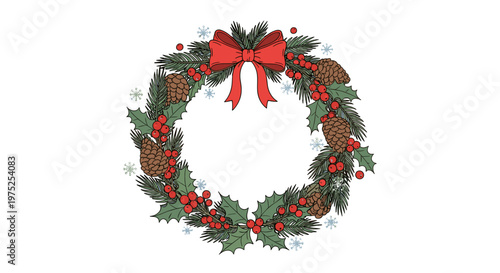 Decorative christmas wreath with pinecones berries and red bow
