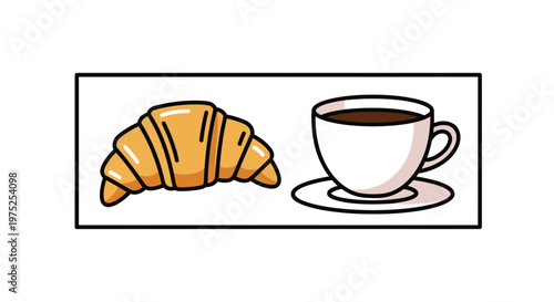 Delicious Croissant and Hot Coffee Cup on Saucer, Breakfast Pastry and Beverage