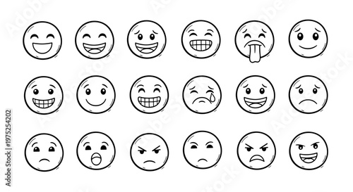 Collection of various expressive cartoon smiley faces showing emotions