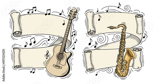 Music notes with guitar and saxophone on musical staff illustrations