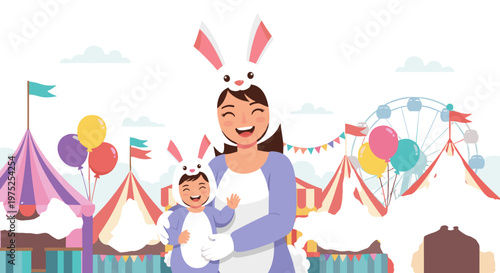 Happy mother and child enjoying fun fair with colorful rides and tents