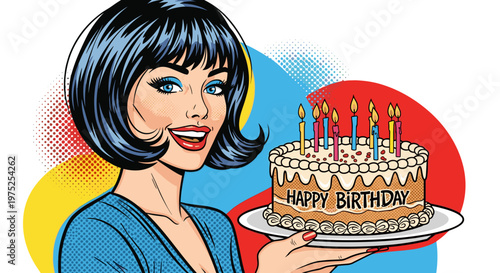 Happy woman with short black hair holding birthday cake with candles