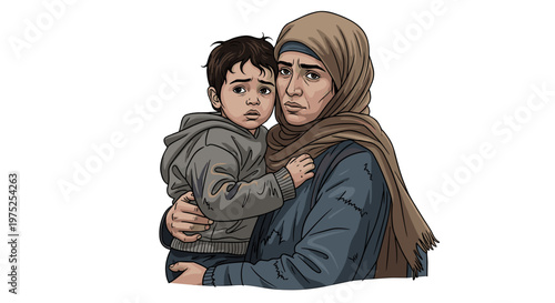 Emotional woman holding young child with worried expression on face