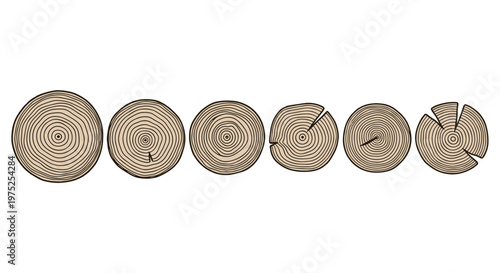 Set of six wooden crosssection slices with detailed rings and textures