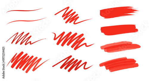 Collection of red brush strokes and lines with varying textures