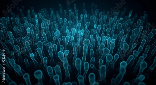 Intricate aquatic landscape visualization showcasing microscopic blue organisms and marine elements