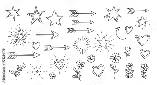 Collection of handdrawn love and romantic themed doodles and icons