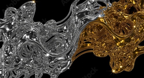 Intricate interplay of liquid gold and shimmering silver on stark black backdrop