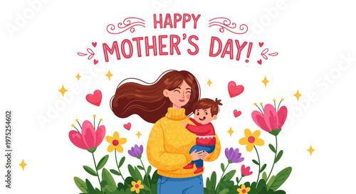 Mother and child celebrating mothers day with flowers and hearts