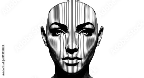 Black and white portrait of a woman with bold makeup and shaved head