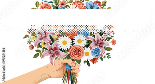 Person holding a colorful bouquet of mixed flowers with green leaves