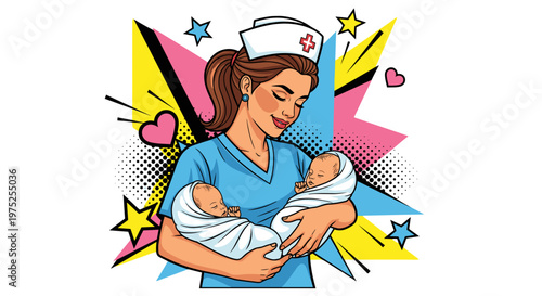 Nurse holding newborn baby in hospital ward with caring expression