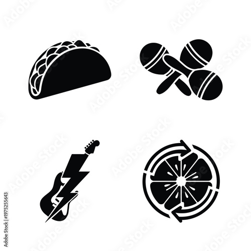 Black graphic icons set featuring mexican taco maracas electric guitar with lightning bolt and citrus fruit recycle symbol