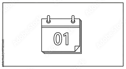 Simple Calendar Icon with Number 01, First Day, Planning, Date Concept, Black and White Line Art