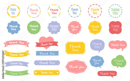 Thank Youロゴ素材セット 丸型ステッカー・リボンタグ・吹き出しの販促用カラフルデザイン素材