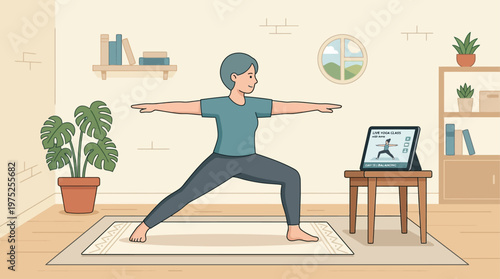 A flat design vector illustration showcasing a person participating in an online yoga class from the comfort of their home. This modern graphic highlights the accessibility and convenience of digital 