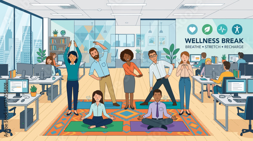 This flat design illustration shows office workers engaging in quick yoga stretches during a break, promoting corporate wellness and stress relief. A clean, modern graphic for professional health init