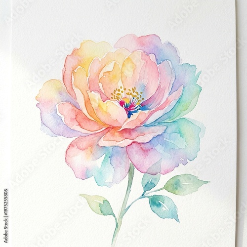Watercolor Flower Painting Soft Pastel Bloom with Green Leaves Artistic Nature Illustration