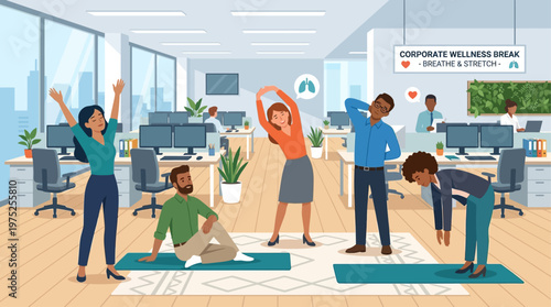 This flat design illustration shows office workers engaging in quick yoga stretches during a break, promoting corporate wellness and stress relief. A clean, modern graphic for professional health init