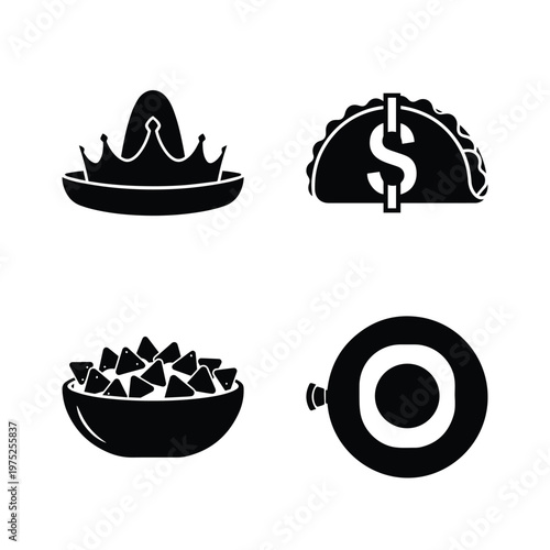 Mexican culture icons featuring sombrero with crown taco with dollar symbol nacho bowl and tambourine silhouettes
