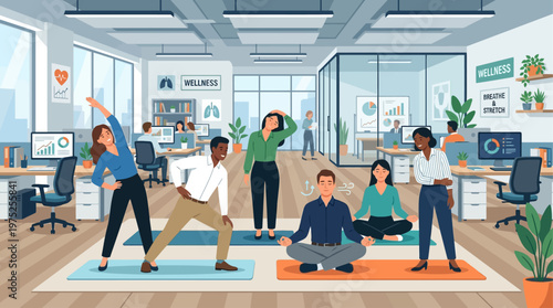 This flat design illustration shows office workers engaging in quick yoga stretches during a break, promoting corporate wellness and stress relief. A clean, modern graphic for professional health init