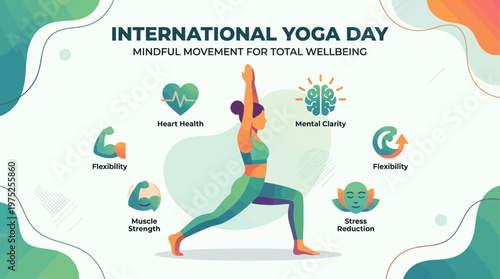 A flat design vector illustration depicting a yoga practitioner surrounded by icons representing numerous health benefits, such as heart health, mental clarity, and stress reduction. This clean, moder