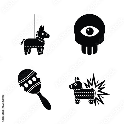 Symbolic collection of mexican piñata, sugar skull, and musical maraca icons