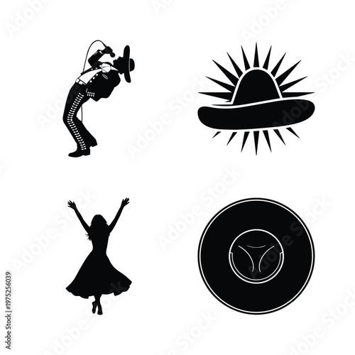 Traditional mexican culture icons set with mariachi trumpeter folkloric dancer and sombrero hat silhouettes
