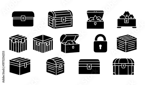 set of black and white vector icons depicting treasure chests and a padlock