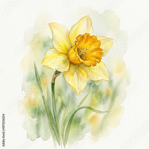 Yellow Daffodil Flower Watercolor Painting Natural Background Bright Colors