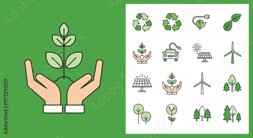 Comprehensive collection of eco-friendly and sustainable energy icons featuring hands nurturing a plant, alongside renewable power symbols and natural elements.