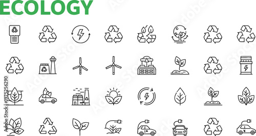 A comprehensive collection of ecology and environmental sustainability line icons, featuring recycling symbols, renewable energy sources, and green technology concepts for conservation.