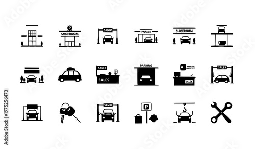  set of black and white vector icons depicting various car services and symbols
