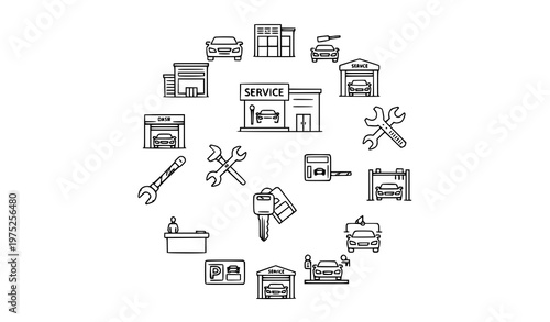  collection of car service and repair icons in a circular pattern