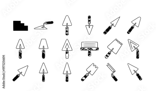  collection of various trowel tools and bricklayer equipment in a simple line art style