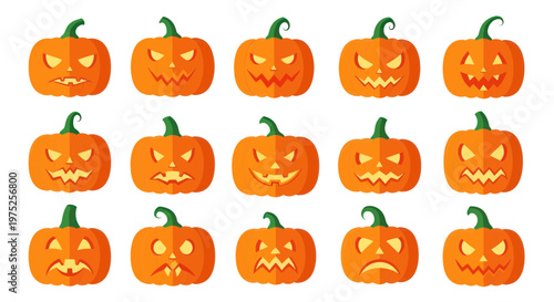 Set of 15 Halloween Pumpkins with Different Carved Faces